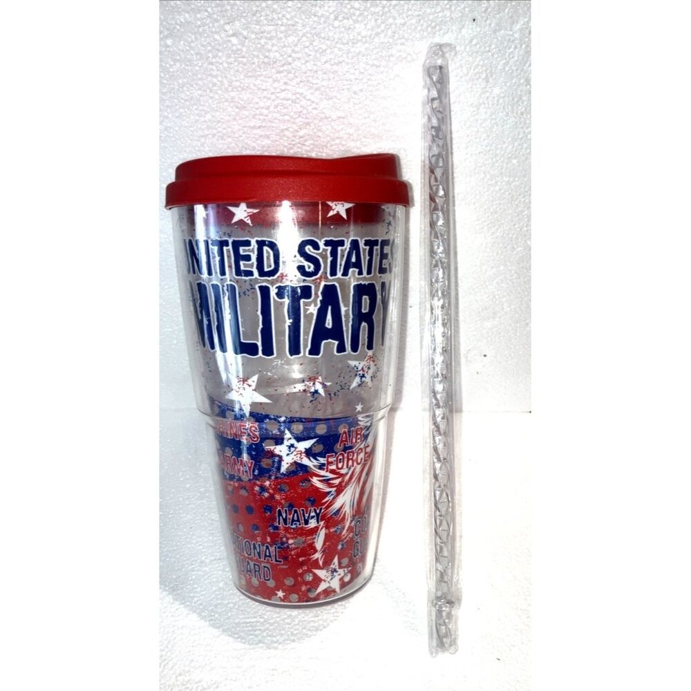 Thermo Serve  Red White Blue USA  Military Tumbler Blue Lid & Straw Tall 24 oz.